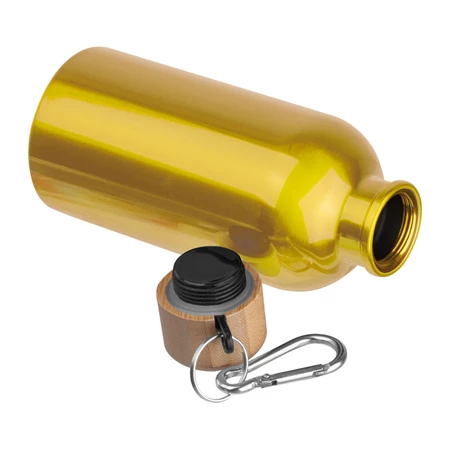 Kulacs alumínium 400ml-es, karabínerrel, bambusz kupakkal, sárga