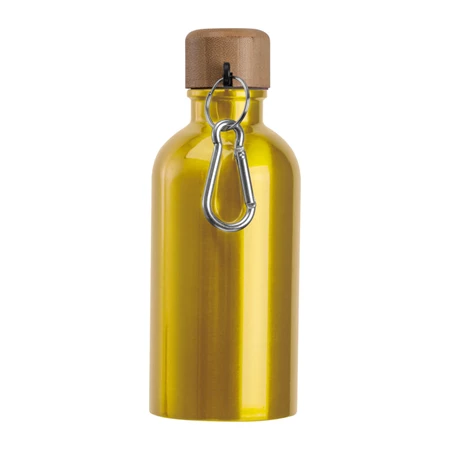 Kulacs alumínium 400ml-es, karabínerrel, bambusz kupakkal, sárga