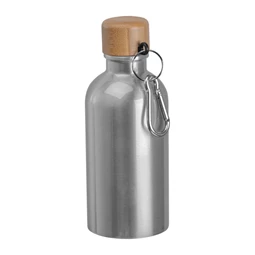 Kulacs alumínium 400ml-es, karabínerrel, bambusz kupakkal, szürke