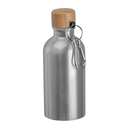 Kulacs alumínium 400ml-es, karabínerrel, bambusz kupakkal, szürke
