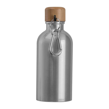 Kulacs alumínium 400ml-es, karabínerrel, bambusz kupakkal, szürke