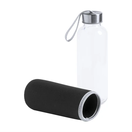 Kulacs üveg 420ml ivópalack neoprén fekete tokban, 64 × 190mm
