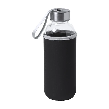 Kulacs üveg 420ml ivópalack neoprén fekete tokban, 64 × 190mm