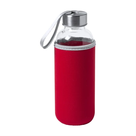 Kulacs üveg 420ml ivópalack neoprén piros tokban, 64 × 190mm