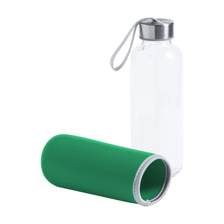 Kulacs üveg 420ml ivópalack neoprén zöld tokban, 64 × 190mm
