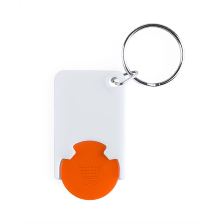 Kulcstartó bevásárlókocsi érmével műanyag fehér test - narancssárga érme 28 x 51 x 4 mm