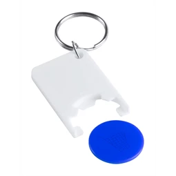 Kulcstartó bevásárlókocsi érmével műanyag fehér test - kék érme 28 x 51 x 4 mm