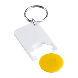 Kulcstartó bevásárlókocsi érmével műanyag fehér test - sárga érme 28 x 51 x 4 mm