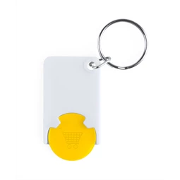 Kulcstartó bevásárlókocsi érmével műanyag fehér test - sárga érme 28 x 51 x 4 mm