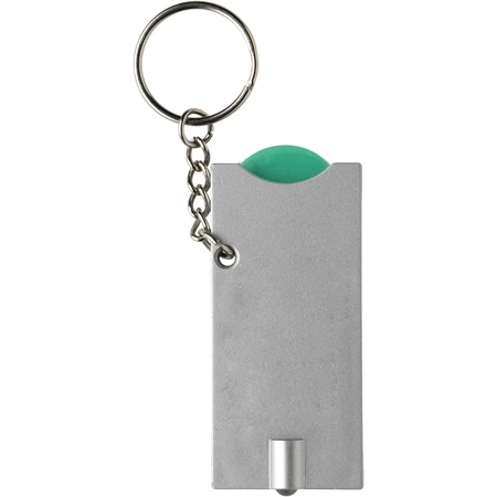 Kulcstartó érmetartóval, LED lámpával, zöld-ezüst színű test