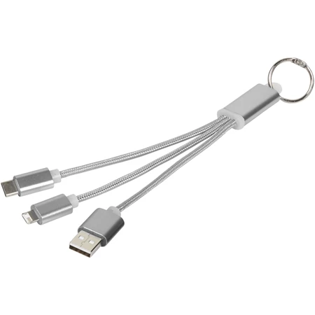 Kulcstartó töltőkábel 3-az-1-ben USB kábel, 20x3,9cm ezüst szinű, iOS és Android készülékek számára