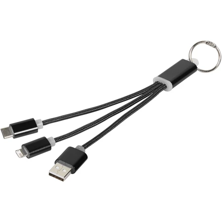 Kulcstartó töltőkábel 3-az-1-ben USB kábel, 20x3,9cm fekete, iOS és Android készülékek számára