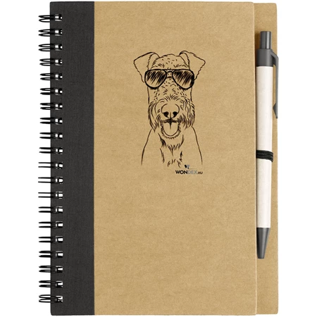 Kutya jó jegyzetfüzet Airedale terrier, környezetbarát 14x18cm + toll,  60lap vonalas, natúr/fekete