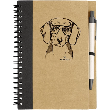 Kutya jó jegyzetfüzet Beagle, környezetbarát 14x18cm + toll,  60lap vonalas, natúr/fekete