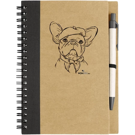 Kutya jó jegyzetfüzet Francia bulldog sapkában, környezetbarát 14x18cm + toll,  60lap vonalas, natúr/fekete