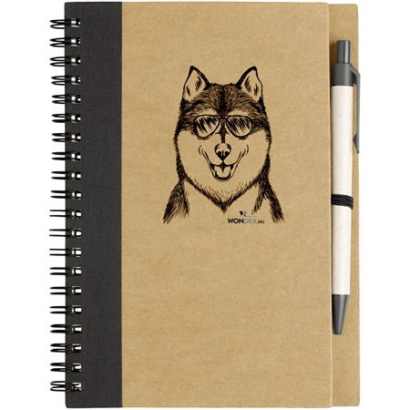 Kutya jó jegyzetfüzet Husky, környezetbarát 14x18cm + toll,  60lap vonalas, natúr/fekete