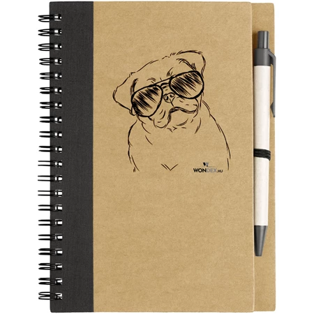 Kutya jó jegyzetfüzet Mopsz, környezetbarát 14x18cm + toll,  60lap vonalas, natúr/fekete