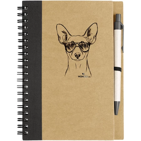 Kutya jó jegyzetfüzet Törpe pinscher, környezetbarát 14x18cm + toll,  60lap vonalas, natúr/fekete