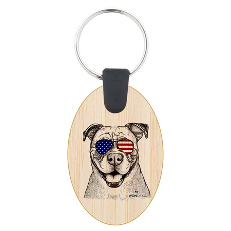 Kutya jó kulcstartó ovál bambusz  Amerikai bulldog 3,5x5,3x0,3cm