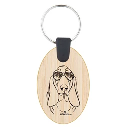 Kutya jó kulcstartó ovál bambusz Basset hound 3,5x5,3x0,3cm