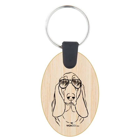 Kutya jó kulcstartó ovál bambusz Basset hound 3,5x5,3x0,3cm