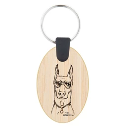 Kutya jó kulcstartó ovál bambusz Dobermann 3,5x5,3x0,3cm