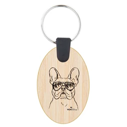 Kutya jó kulcstartó ovál bambusz Francia bulldog 3,5x5,3x0,3cm