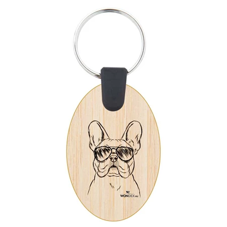 Kutya jó kulcstartó ovál bambusz Francia bulldog 3,5x5,3x0,3cm