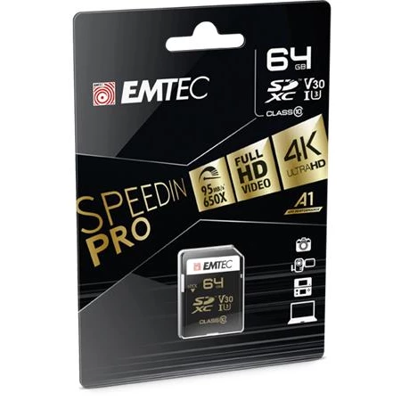 Memóriakártya, SDXC, 64GB, UHS-I/U3/V30, 95/85 MB/s, EMTEC "SpeedIN"