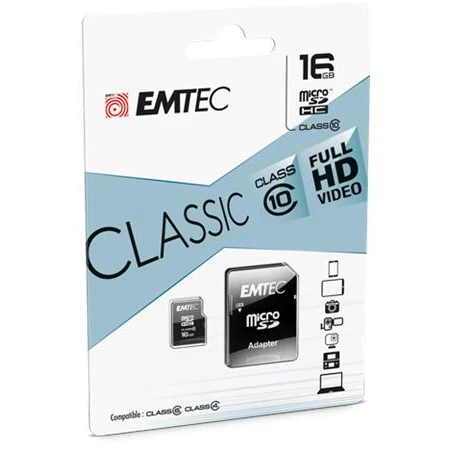 Memóriakártya, microSDHC, 16GB, CL10, 20/12 MB/s, adapter, EMTEC "Classic"