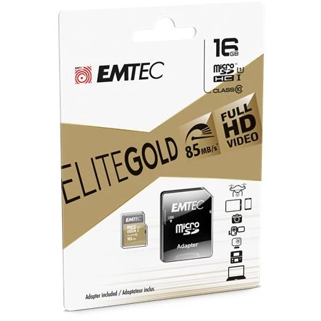 Memóriakártya, microSDHC, 16GB, UHS-I/U1, 85/20 MB/s, adapter, EMTEC "Elite Gold"