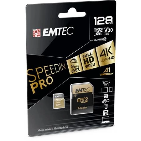 Memóriakártya, microSDXC, 128GB, UHS-I/U3/V30/A2, 100/95 MB/s, adapter, EMTEC 