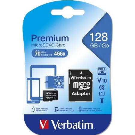 Memóriakártya microSDXC 128GB VERBATIM C10/U1, 70/10 MB/s, adapter