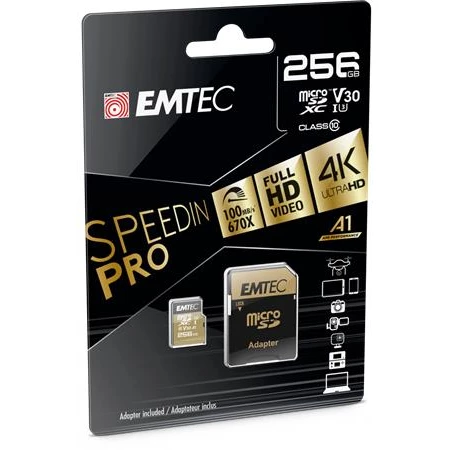 Memóriakártya, microSDXC, 256GB UHS-I/U3/V30/A2  100/95 MB/s  adapter  EMTEC  SpeedIN