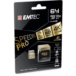 Memóriakártya, microSDXC, 64GB, UHS-I/U3/V30/A2, 100/95 MB/s, adapter, EMTEC "SpeedIN"