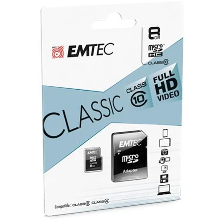 Memóriakártya, microSD, 8GB, 20/12 MB/s, EMTEC "Classic"