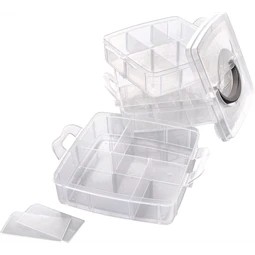 Műanyag tárolódoboz Folia 18 változtatható rekeszes, 15x15x12,5cm, 3 szintes, átlátszó apró kézműves kellékekhez