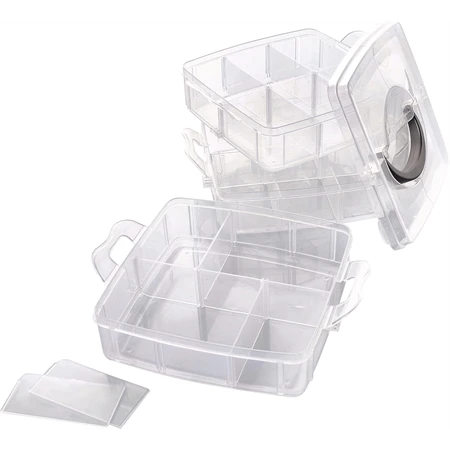 Műanyag tárolódoboz Folia 18 változtatható rekeszes, 15x15x12,5cm, 3 szintes, átlátszó apró kézműves kellékekhez