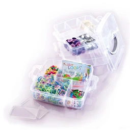 Műanyag tárolódoboz Folia 18 változtatható rekeszes, 15x15x12,5cm, 3 szintes, átlátszó apró kézműves kellékekhez