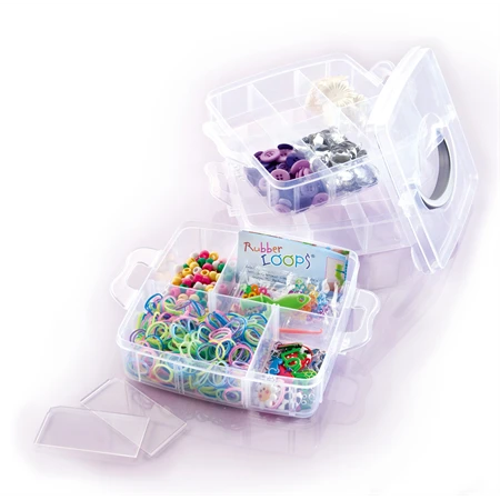 Műanyag tárolódoboz Folia 18 változtatható rekeszes, 15x15x12,5cm, 3 szintes, átlátszó apró kézműves kellékekhez