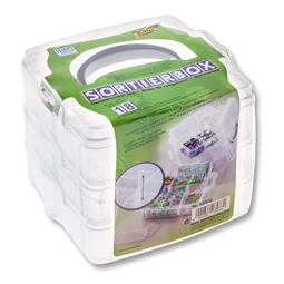 Műanyag tárolódoboz Folia 18 változtatható rekeszes, 15x15x12,5cm, 3 szintes, átlátszó apró kézműves kellékekhez