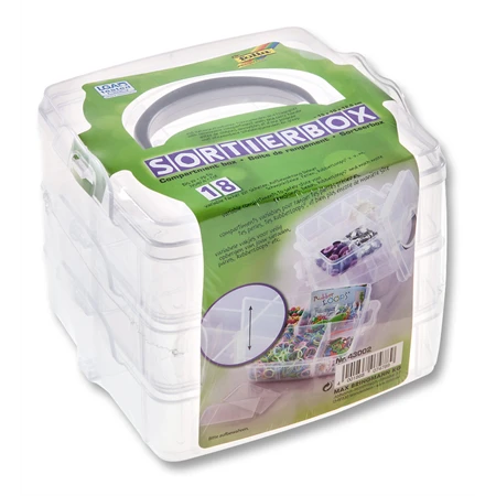 Műanyag tárolódoboz Folia 18 változtatható rekeszes, 15x15x12,5cm, 3 szintes, átlátszó apró kézműves kellékekhez