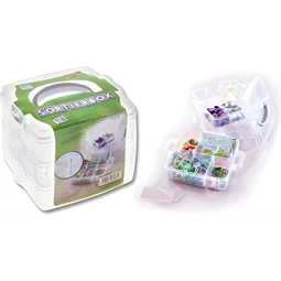 Műanyag tárolódoboz Folia 18 változtatható rekeszes, 15x15x12,5cm, 3 szintes, átlátszó apró kézműves kellékekhez