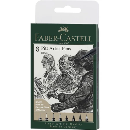 Művész filc készlet 8db-os FABER Pitt 199 fekete, Pigmentált India tinta, vastagság: XXS;S;F;M;1,5mm;C;B;FH