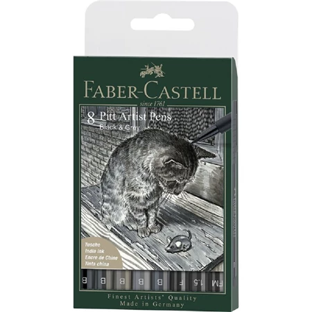 Ecsetfilc készlet 8db-os FABER Pitt Brush szürke és fekete szinekben, pigmentált India tinta, magas fényállóság