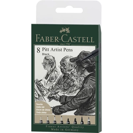 Művész filc készlet 8db-os FABER Pitt 199 fekete, Pigmentált India tinta, vastagság: XXS;S;F;M;1,5mm;C;B;FH