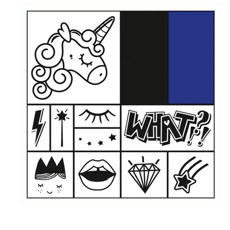 Nyomda szett fa 12db/csomag Unikornis fa bélyegzőkészlet, 12 fa bélyegzővel és 2 bélyegzőpárnával fekete és kék