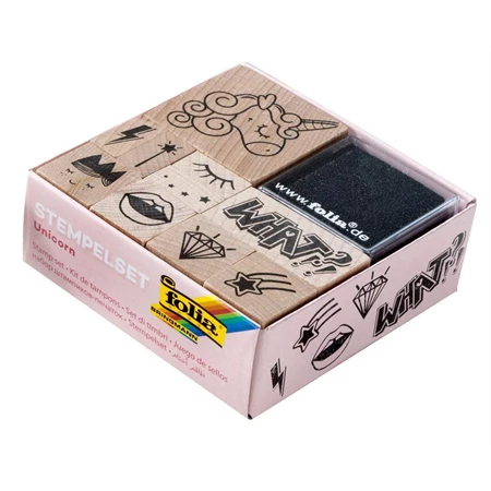 Nyomda szett fa 12db/csomag Unikornis fa bélyegzőkészlet, 12 fa bélyegzővel és 2 bélyegzőpárnával fekete és kék