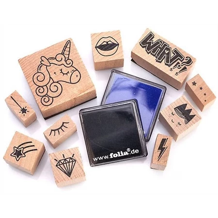 Nyomda szett fa 12db/csomag Unikornis fa bélyegzőkészlet, 12 fa bélyegzővel és 2 bélyegzőpárnával fekete és kék