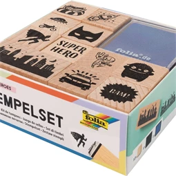 Nyomda szett fa 14db/csomag Szuperhősök fa bélyegzőkészlet, 12 fa bélyegzővel és 2 bélyegzőpárnával fekete és kék